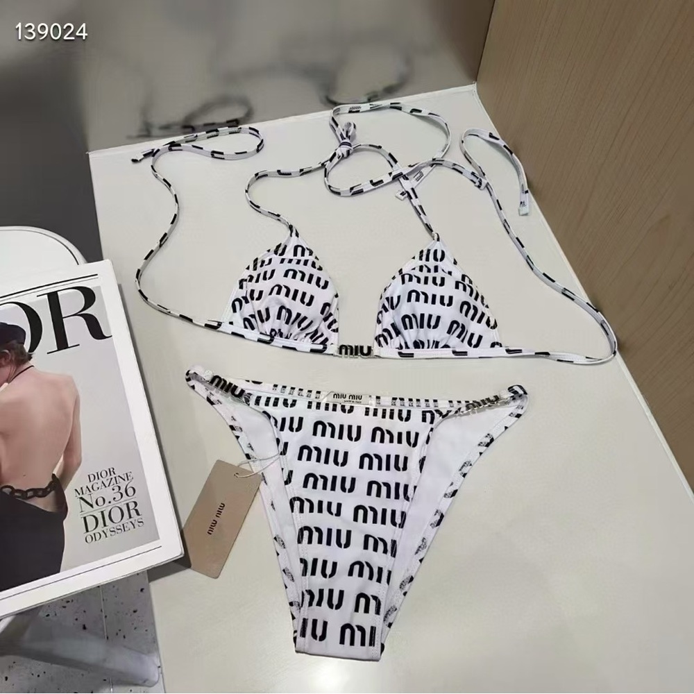 Miu Miu White and Black Logo Triangle Bikini